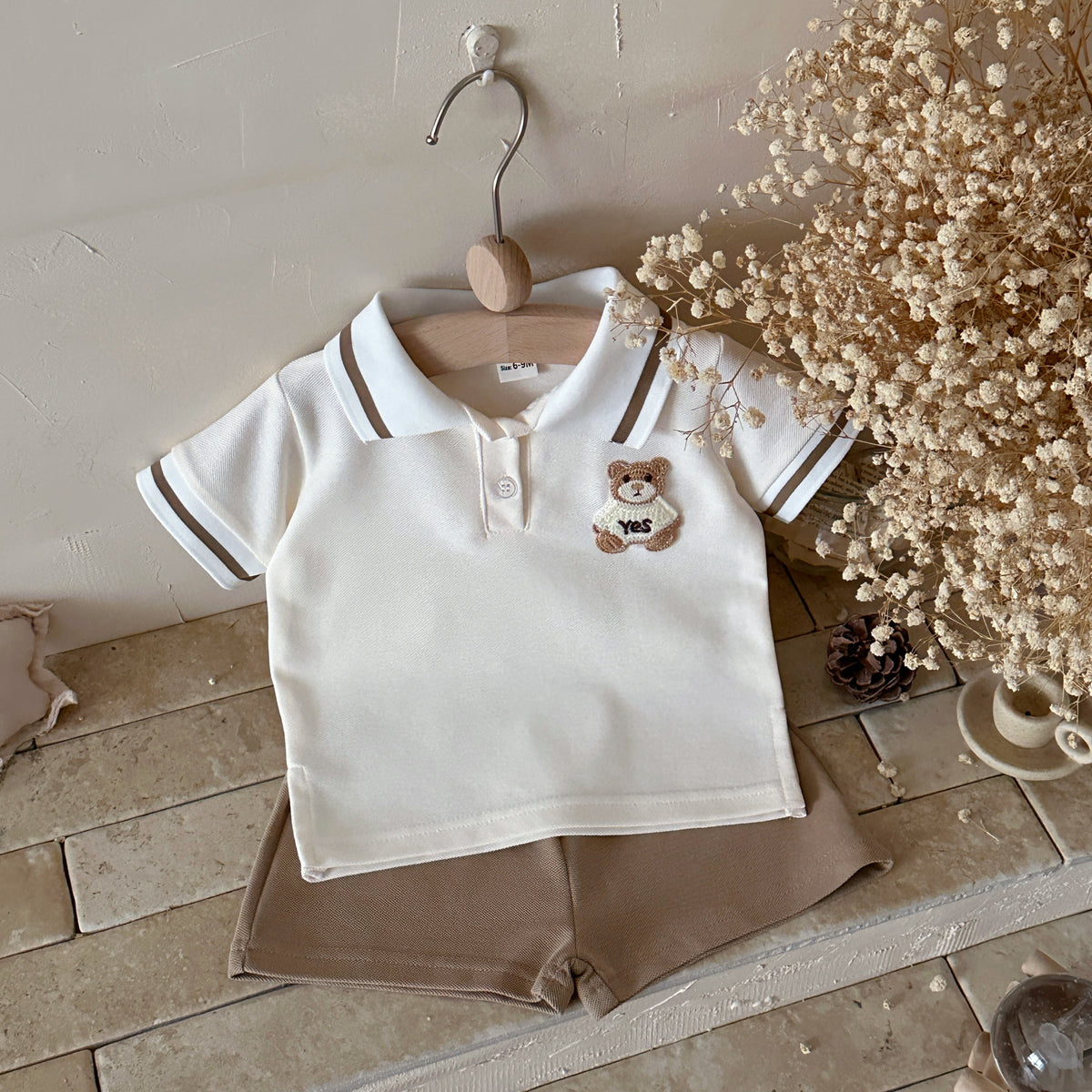 Baby Bear Polo 2pc Set, Cream Top & Khaki Shorts