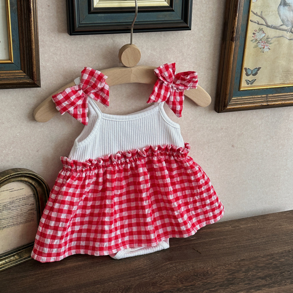 Baby Girl Red Gingham Bow Strap Skirted Bodysuit