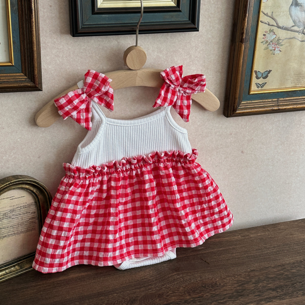 Baby Girl Red Gingham Bow Strap Skirted Bodysuit