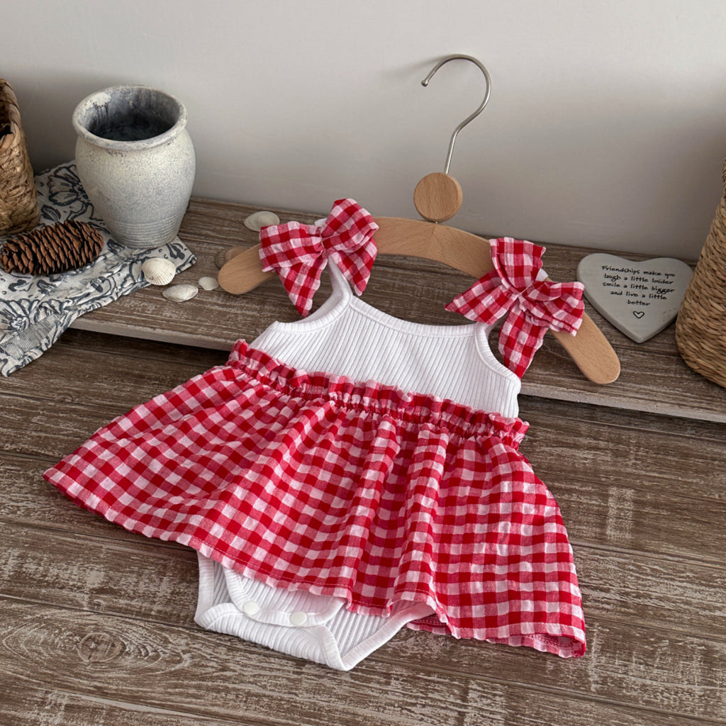 Baby Girl Red Gingham Bow Strap Skirted Bodysuit