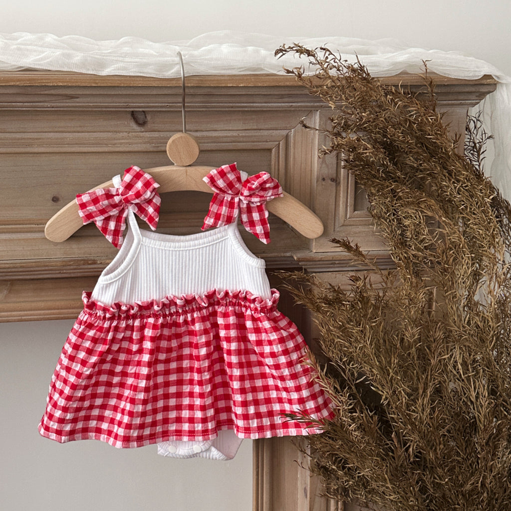 Baby Girl Red Gingham Bow Strap Skirted Bodysuit