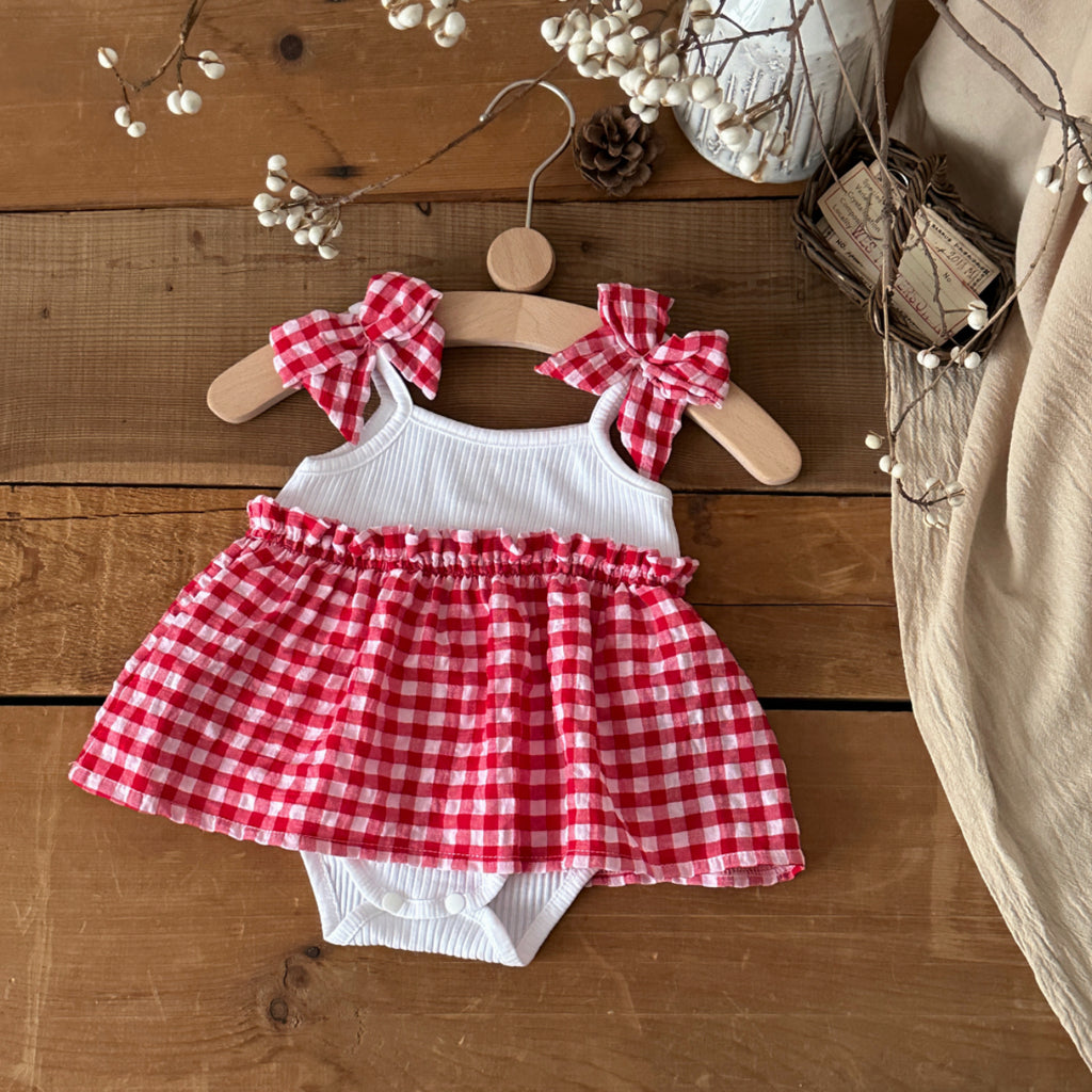 Baby Girl Red Gingham Bow Strap Skirted Bodysuit