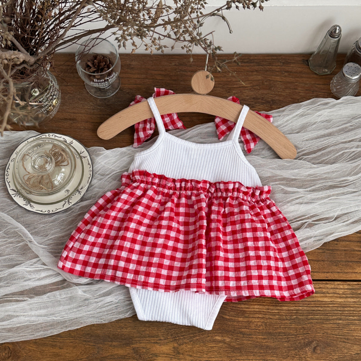 Baby Girl Red Gingham Bow Strap Skirted Bodysuit