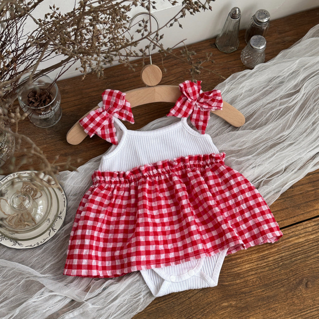 Baby Girl Red Gingham Bow Strap Skirted Bodysuit