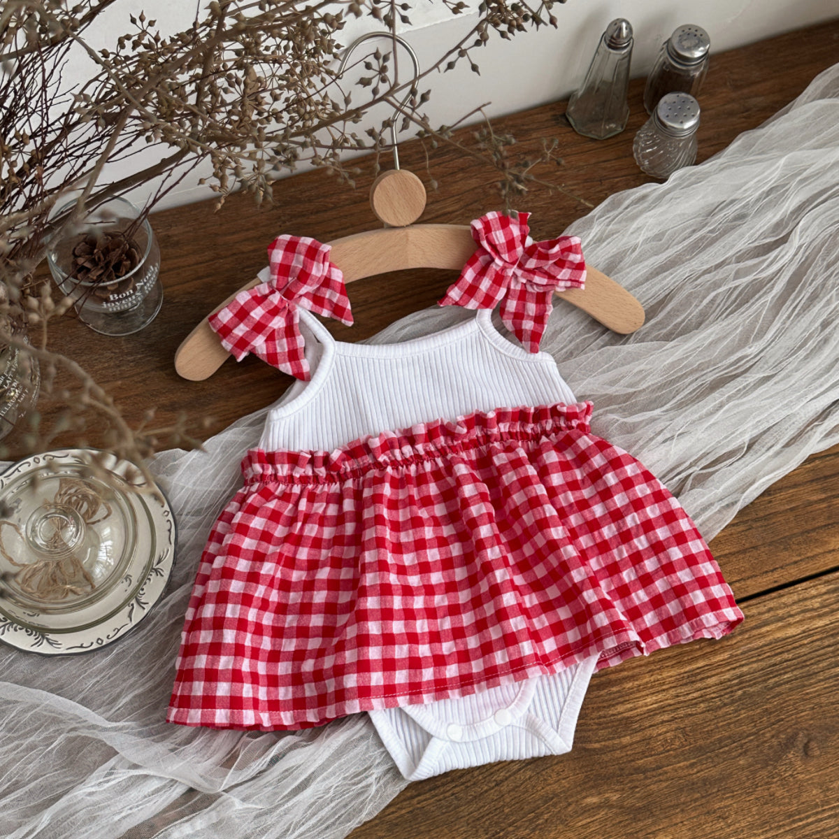 Baby Girl Red Gingham Bow Strap Skirted Bodysuit