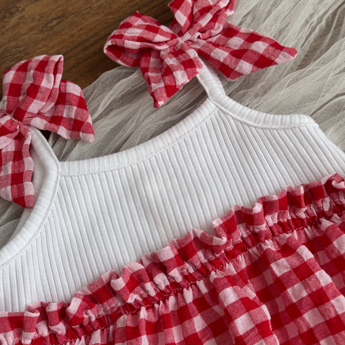 Baby Girl Red Gingham Bow Strap Skirted Bodysuit