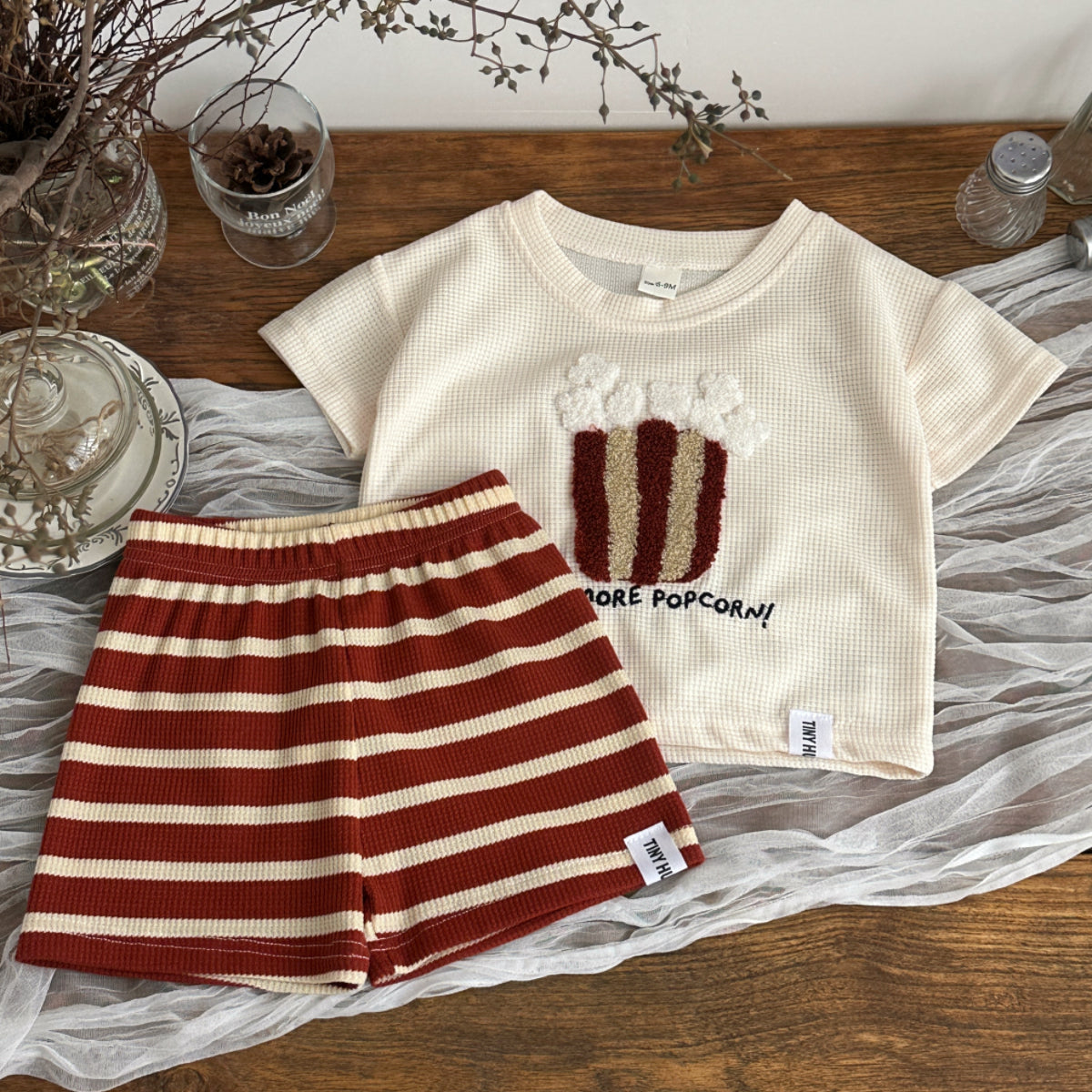 Baby Waffle Popcorn Graphic Tee Striped Shorts Outfit  >