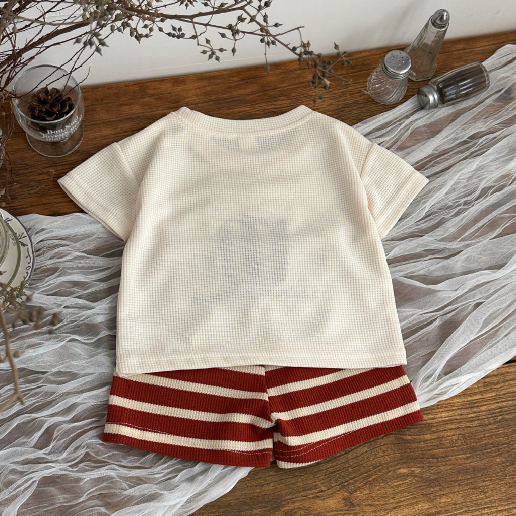 Baby Waffle Popcorn Graphic Tee Striped Shorts Outfit  >