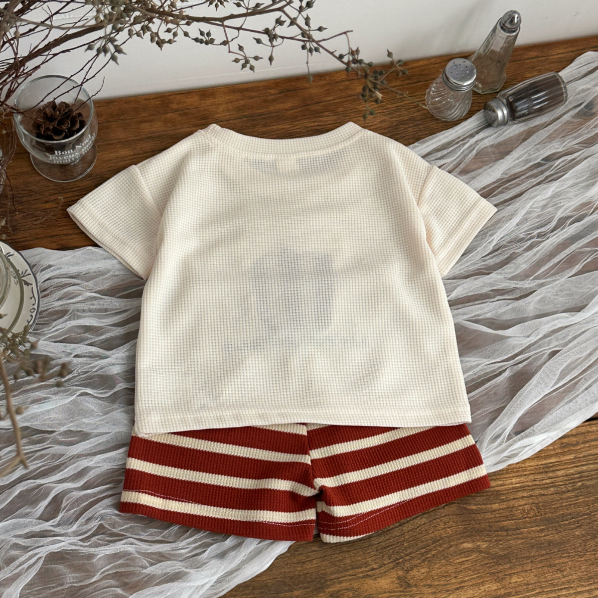 Baby Waffle Popcorn Graphic Tee Striped Shorts Outfit  >