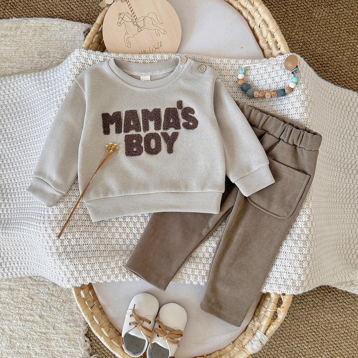 Baby Boy MAMA'S BOY Towel Embroidery Sweatshirt Pants Set