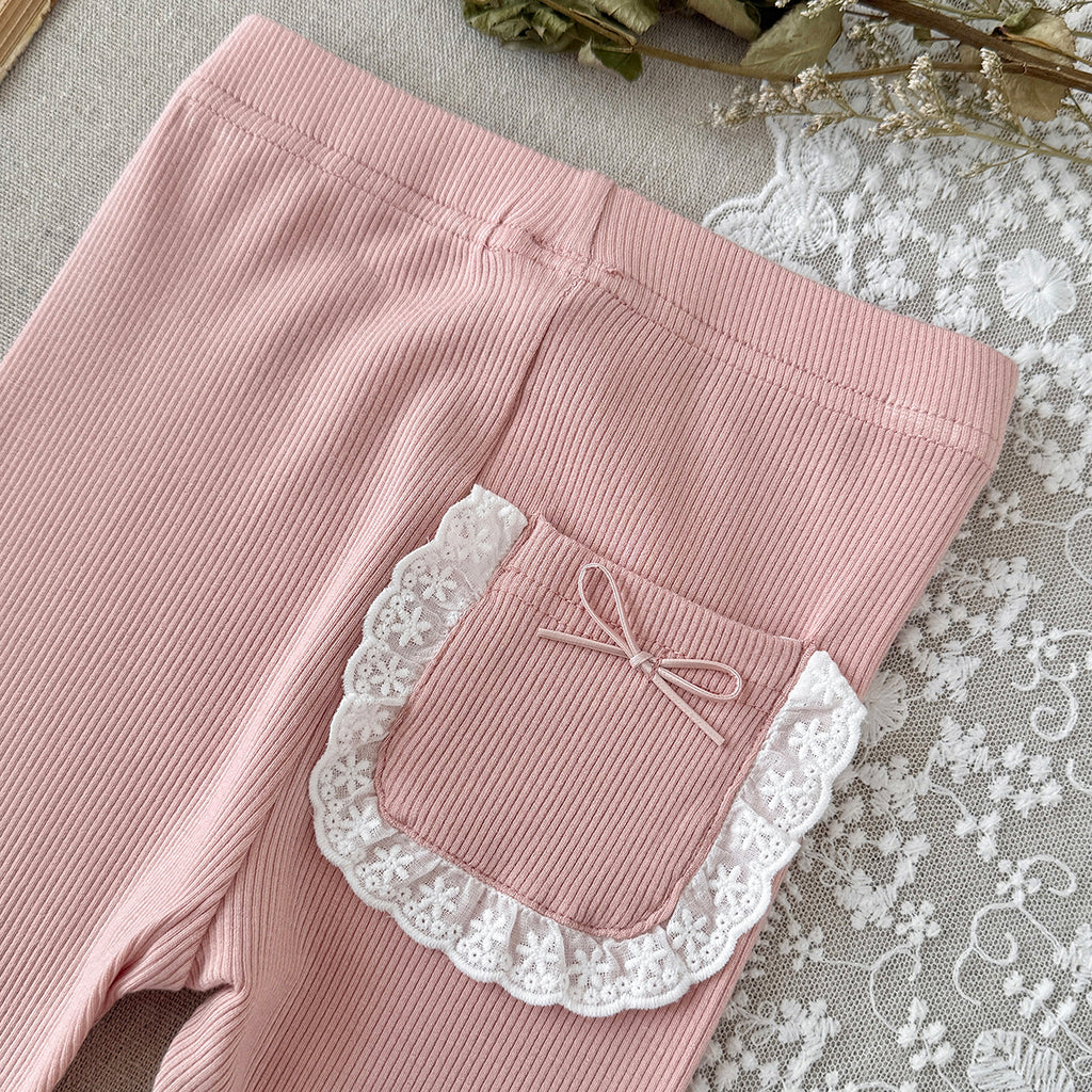 Baby Girls Ribbed Leggings Lace Pocket with Bow Decor