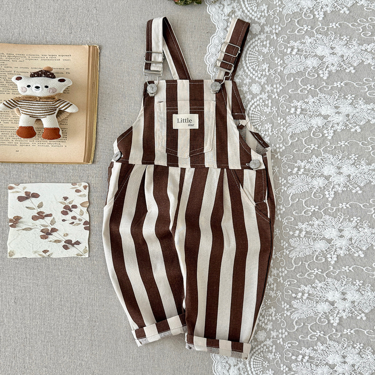 Baby Brown White Striped Overalls with Pockets