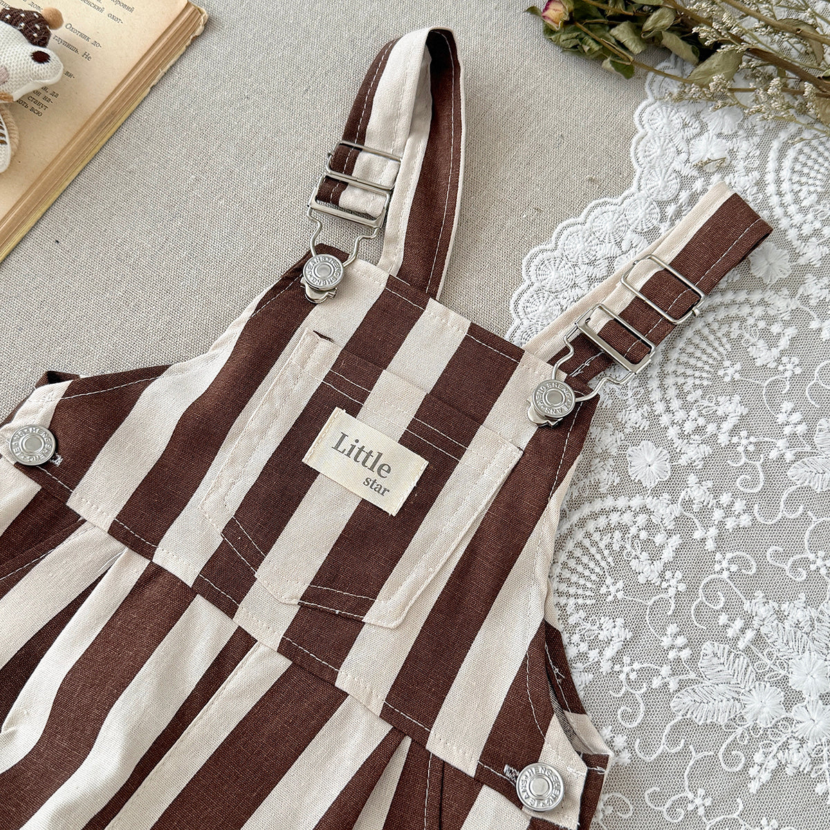 Baby Brown White Striped Overalls with Pockets