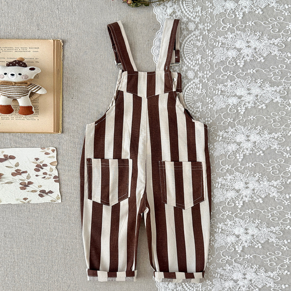 Baby Brown White Striped Overalls with Pockets