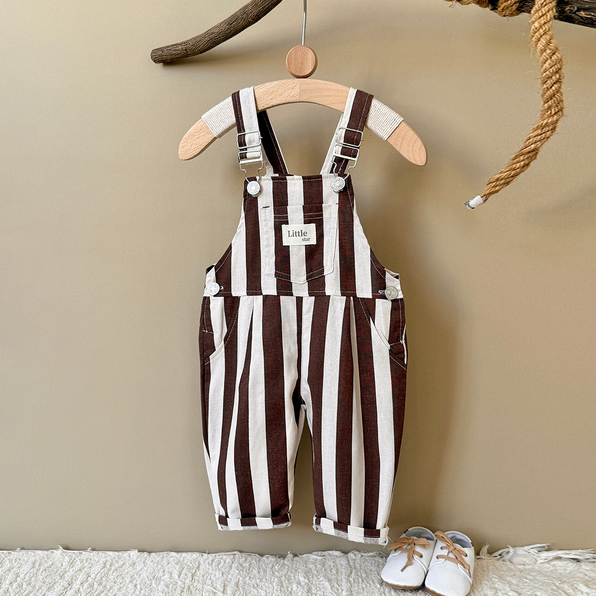 Baby Brown White Striped Overalls with Pockets
