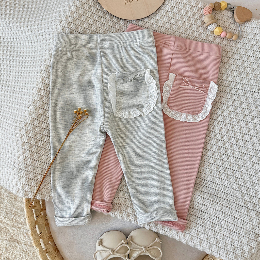 Baby Girls Ribbed Leggings Lace Pocket with Bow Decor