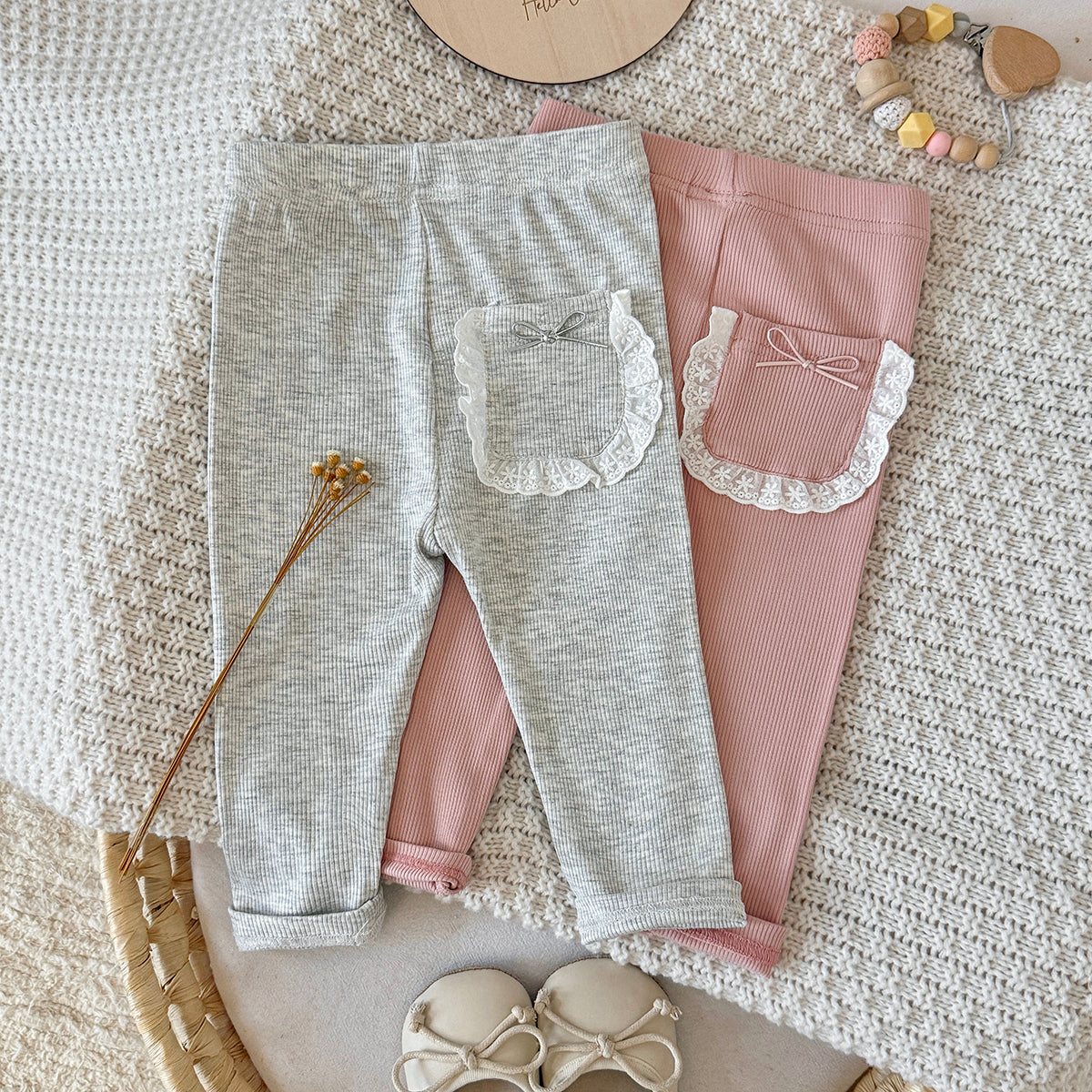 Baby Girls Ribbed Leggings Lace Pocket with Bow Decor