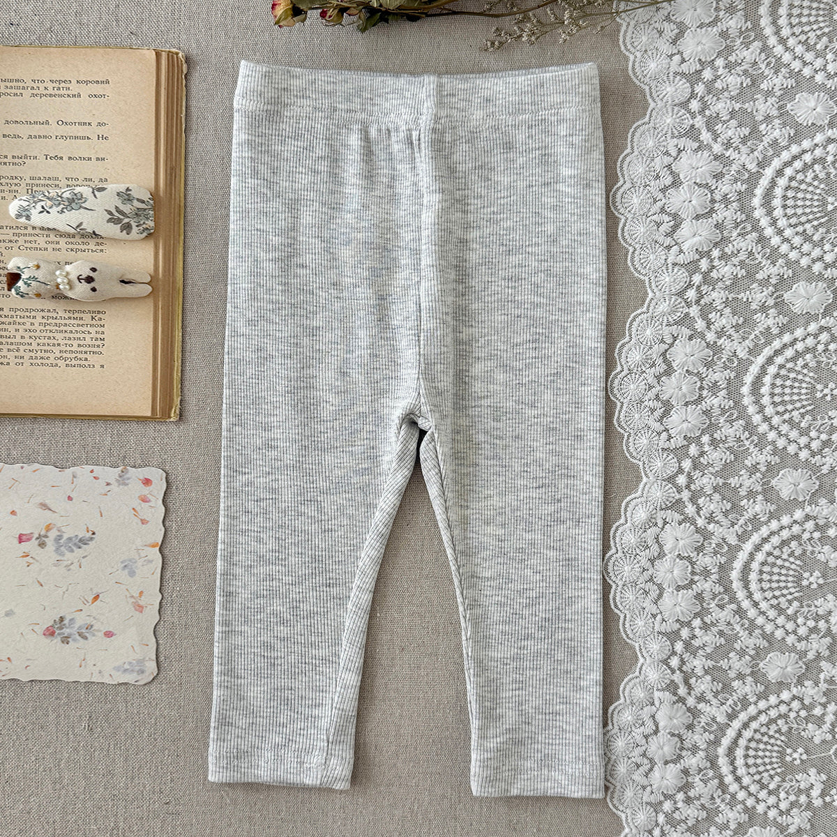 Baby Girls Ribbed Leggings Lace Pocket with Bow Decor
