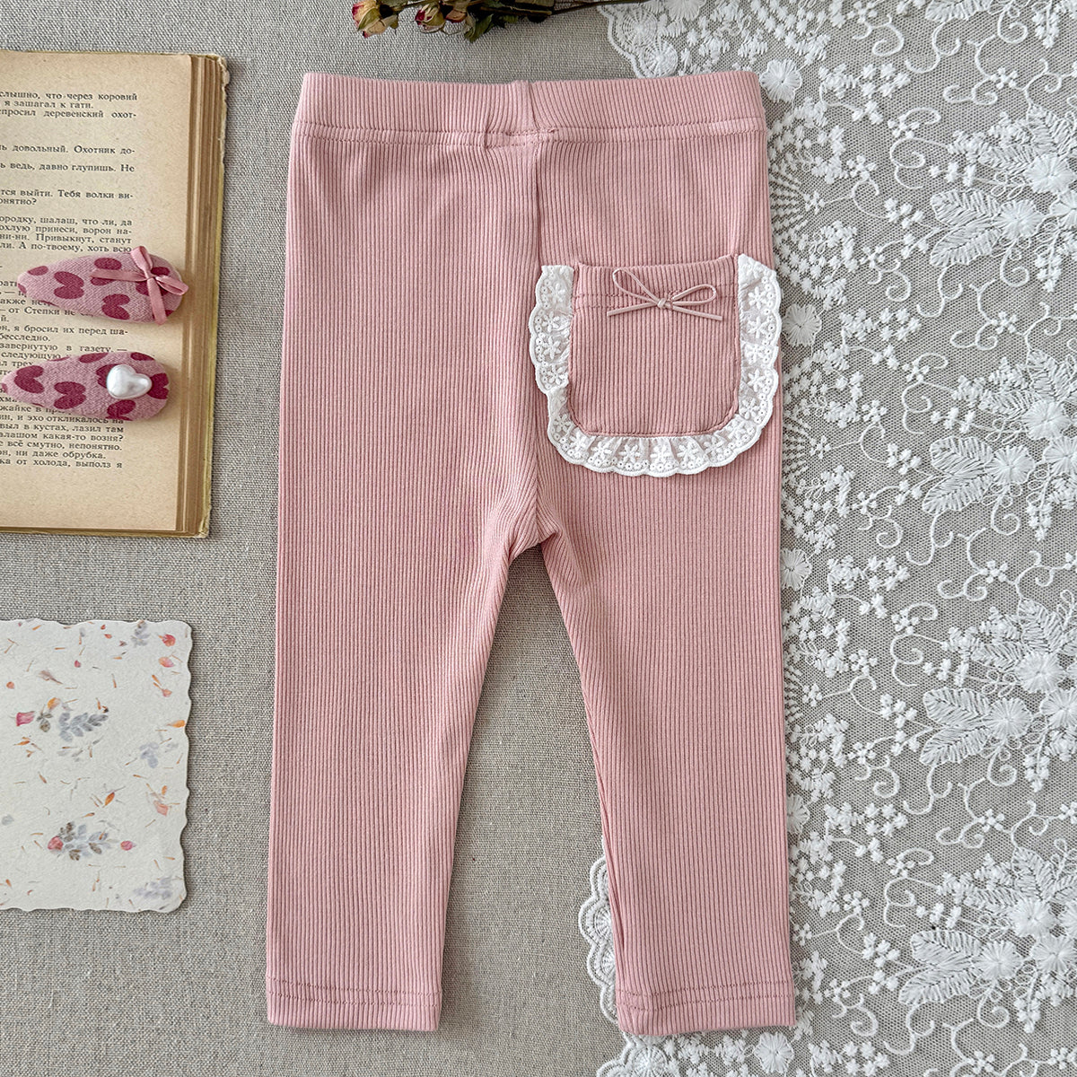 Baby Girls Ribbed Leggings Lace Pocket with Bow Decor
