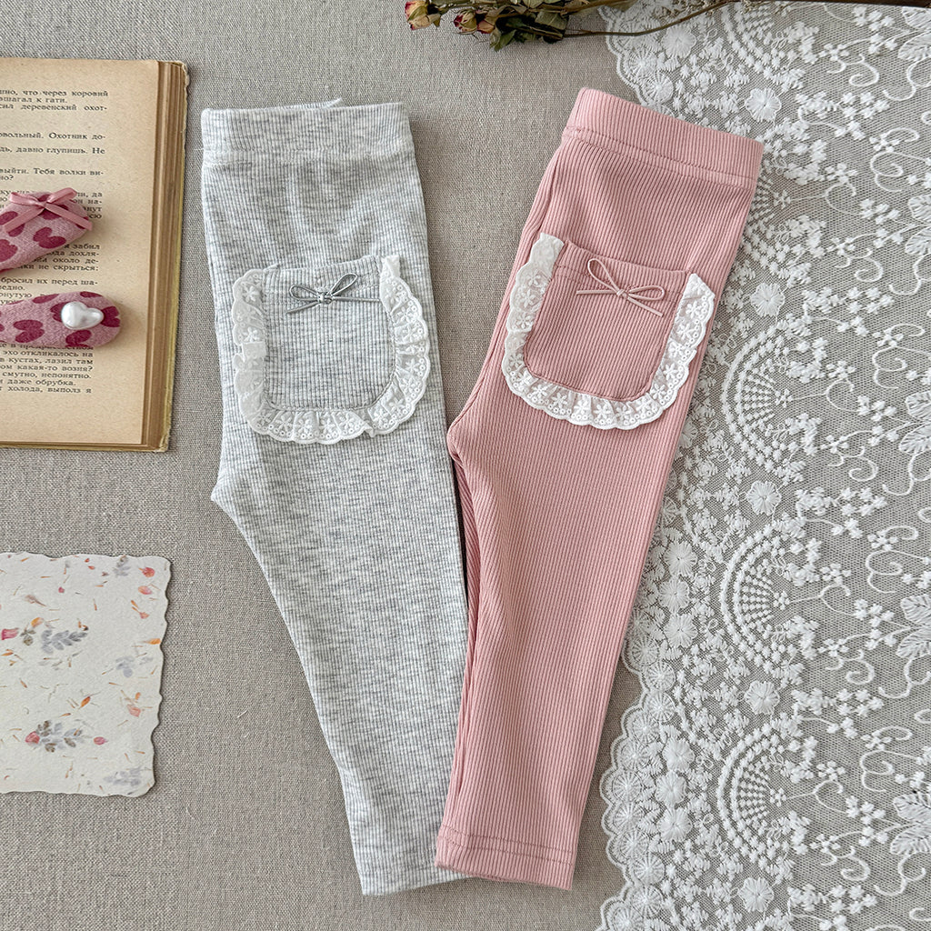 Baby Girls Ribbed Leggings Lace Pocket with Bow Decor