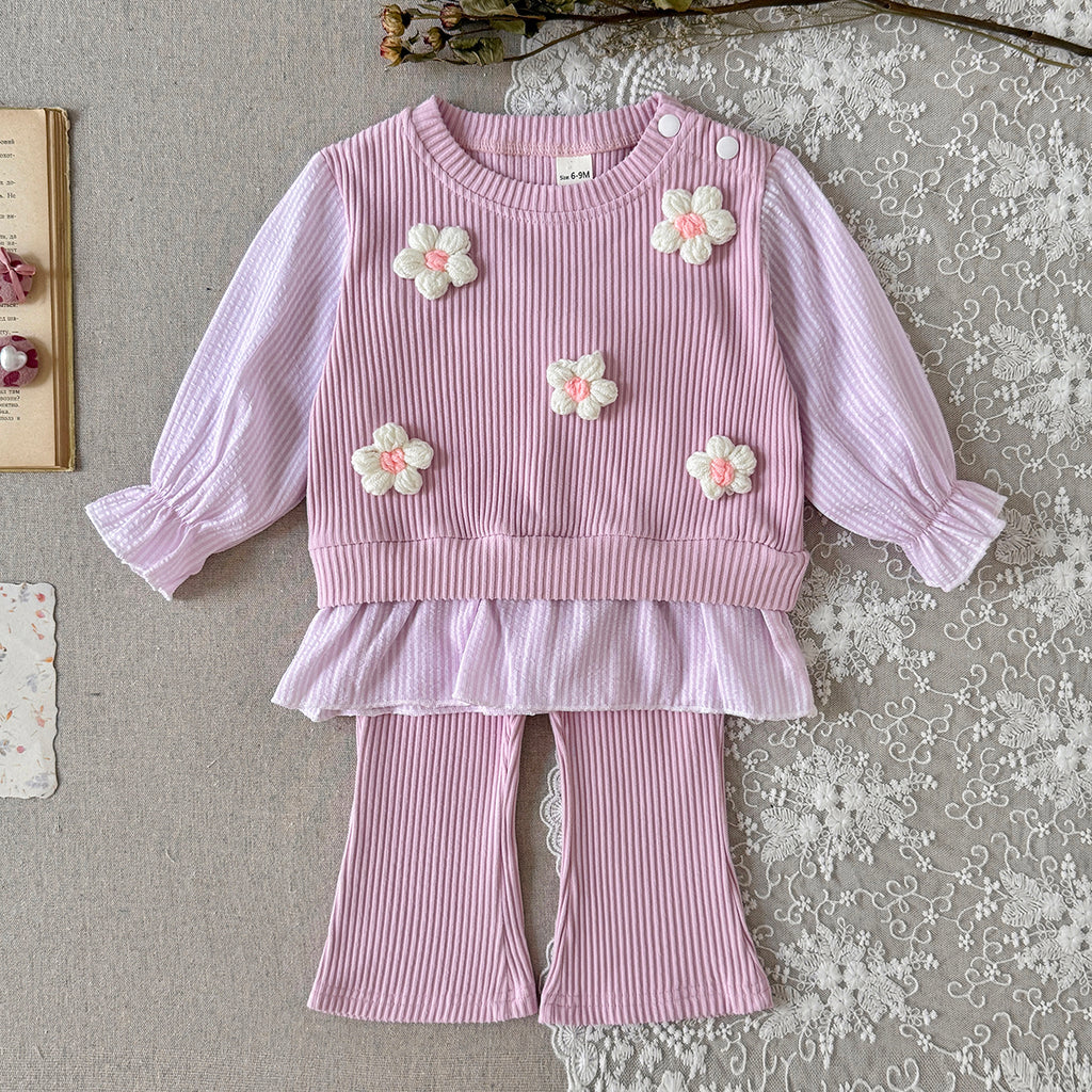 Baby Girl 3D Flower Ruffle Top & Flared Pants Set