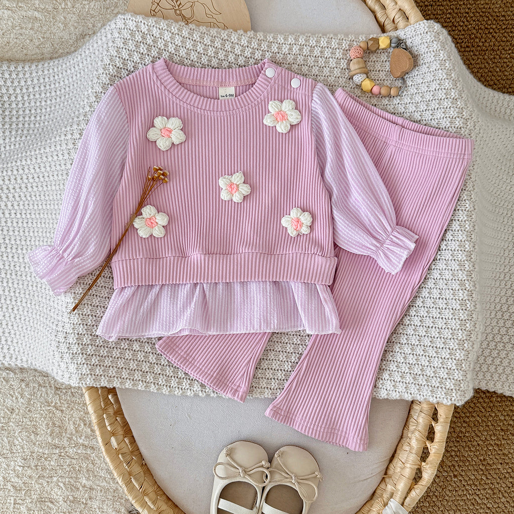 Baby Girl 3D Flower Ruffle Top & Flared Pants Set