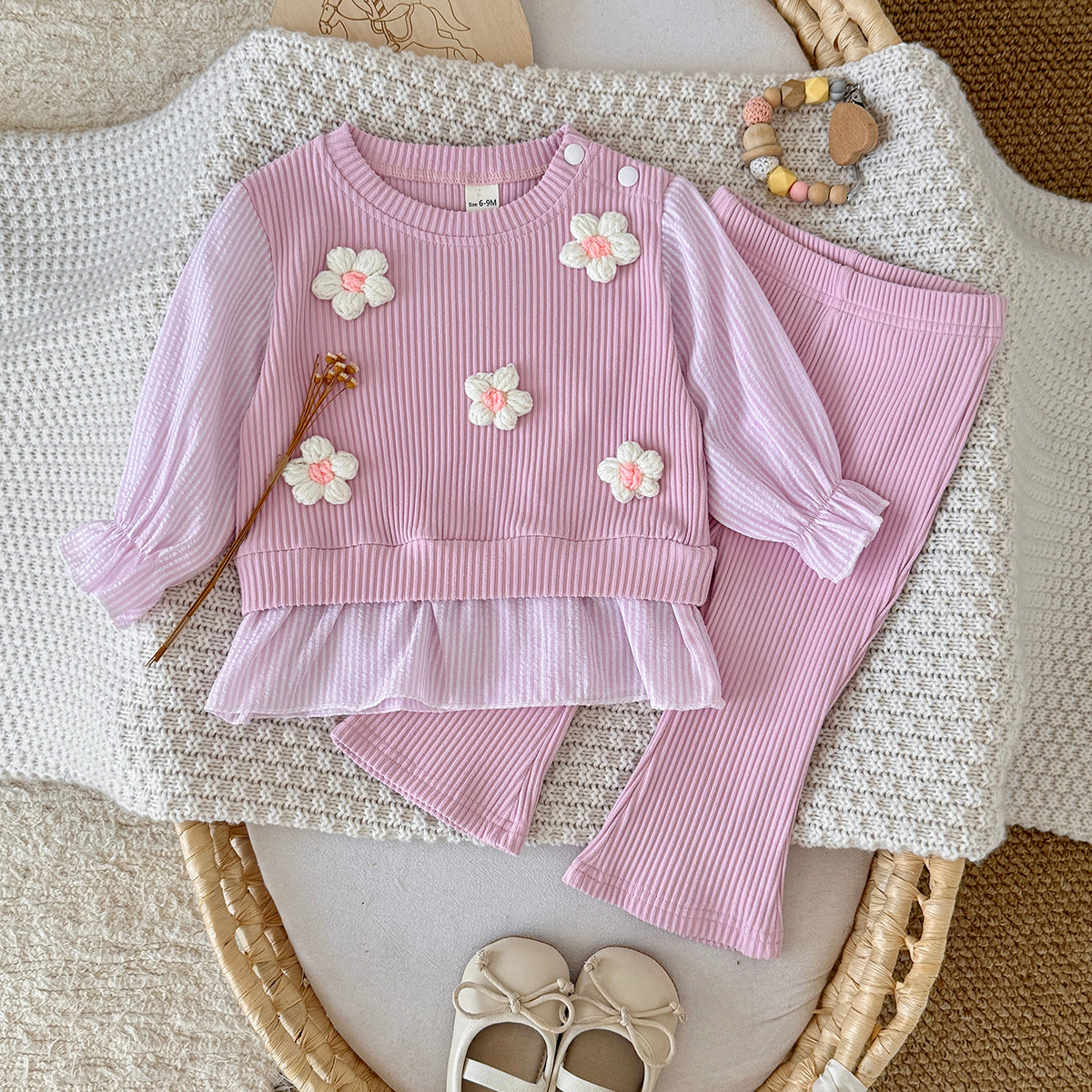 Baby Girl 3D Flower Ruffle Top & Flared Pants Set