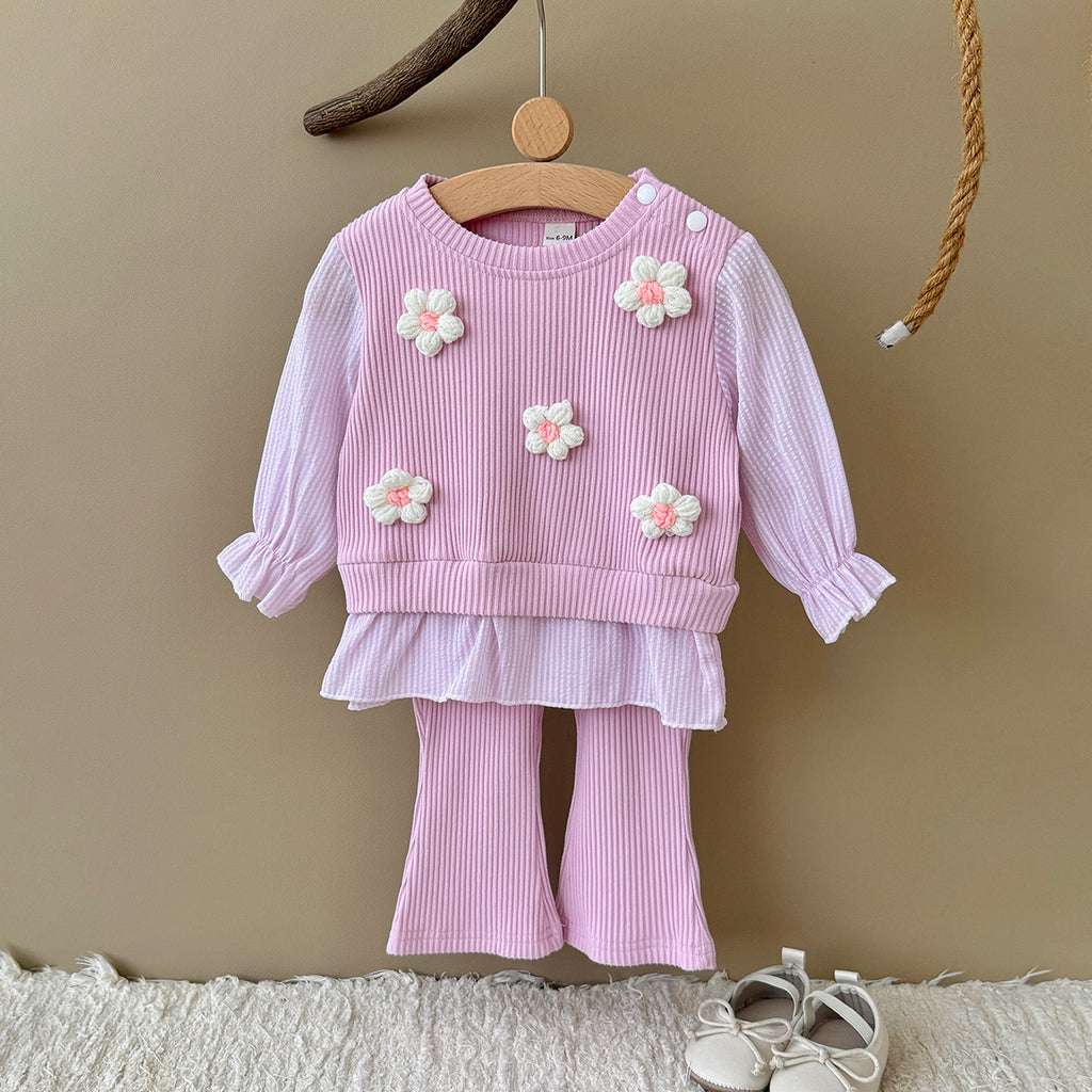 Baby Girl 3D Flower Ruffle Top & Flared Pants Set