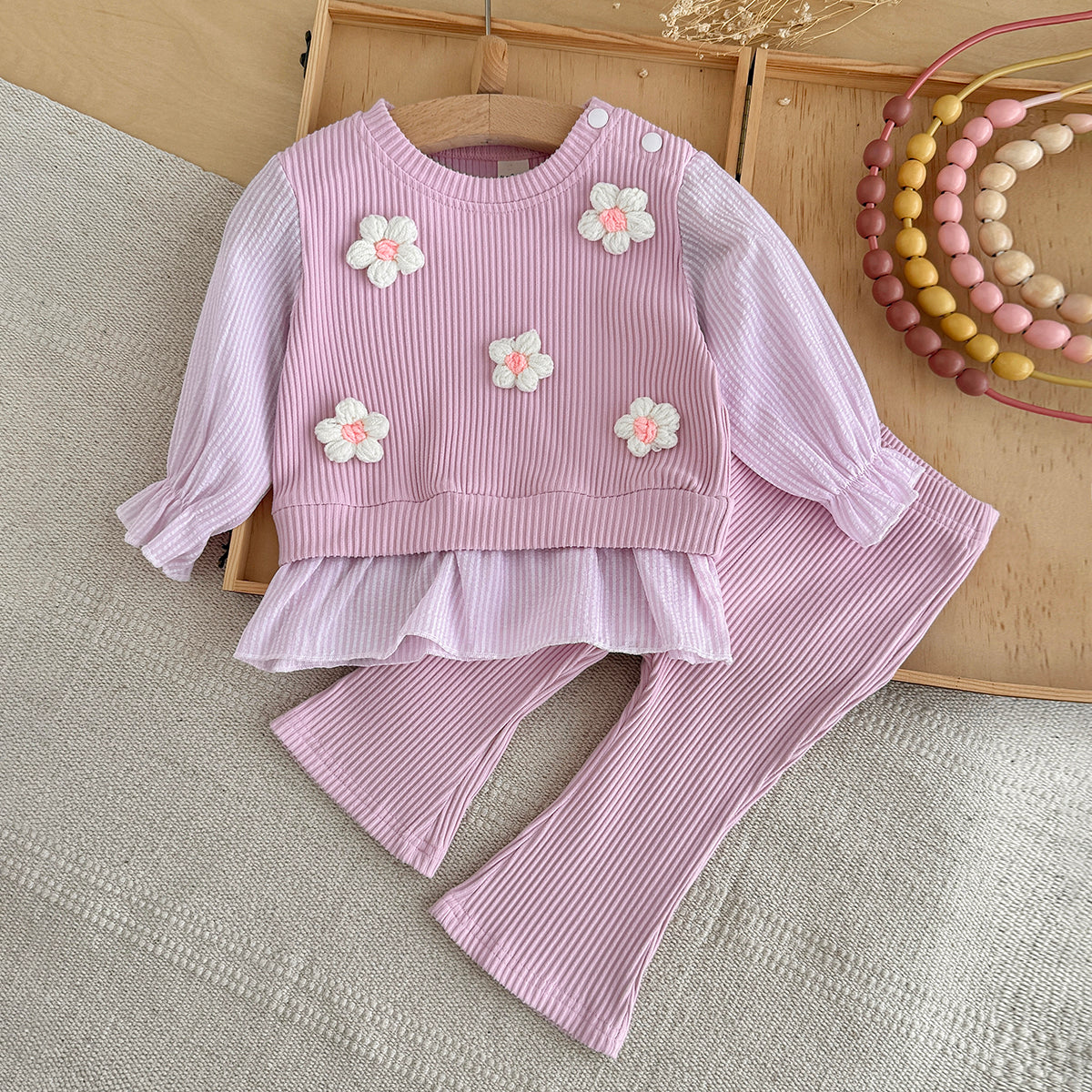 Baby Girl 3D Flower Ruffle Top & Flared Pants Set
