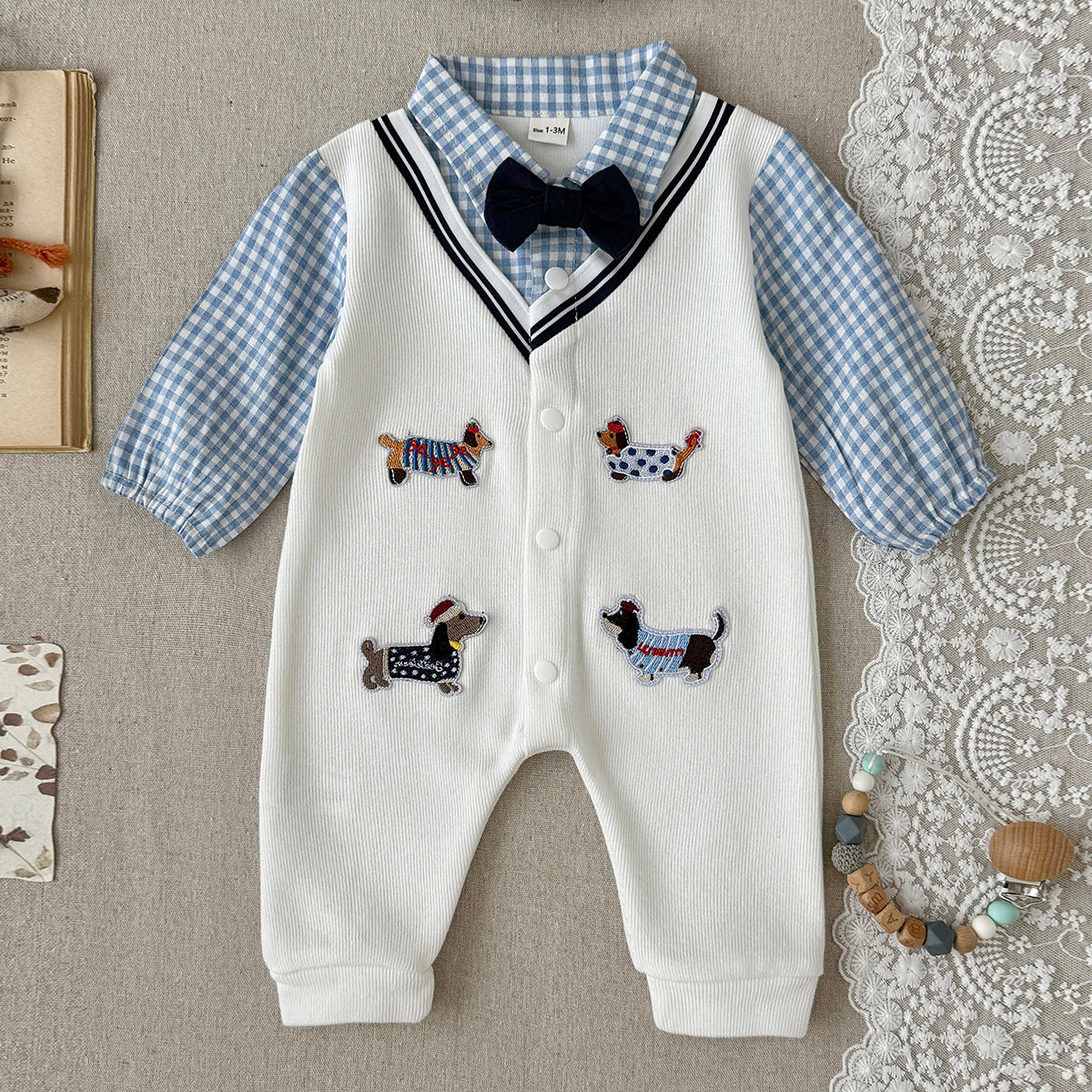 Baby Boy Dachshund Embroidery Plaid Collar Bow Tie Romper
