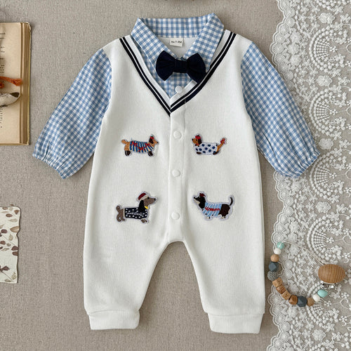 Baby Boy Dachshund Embroidery Plaid Collar Bow Tie Romper