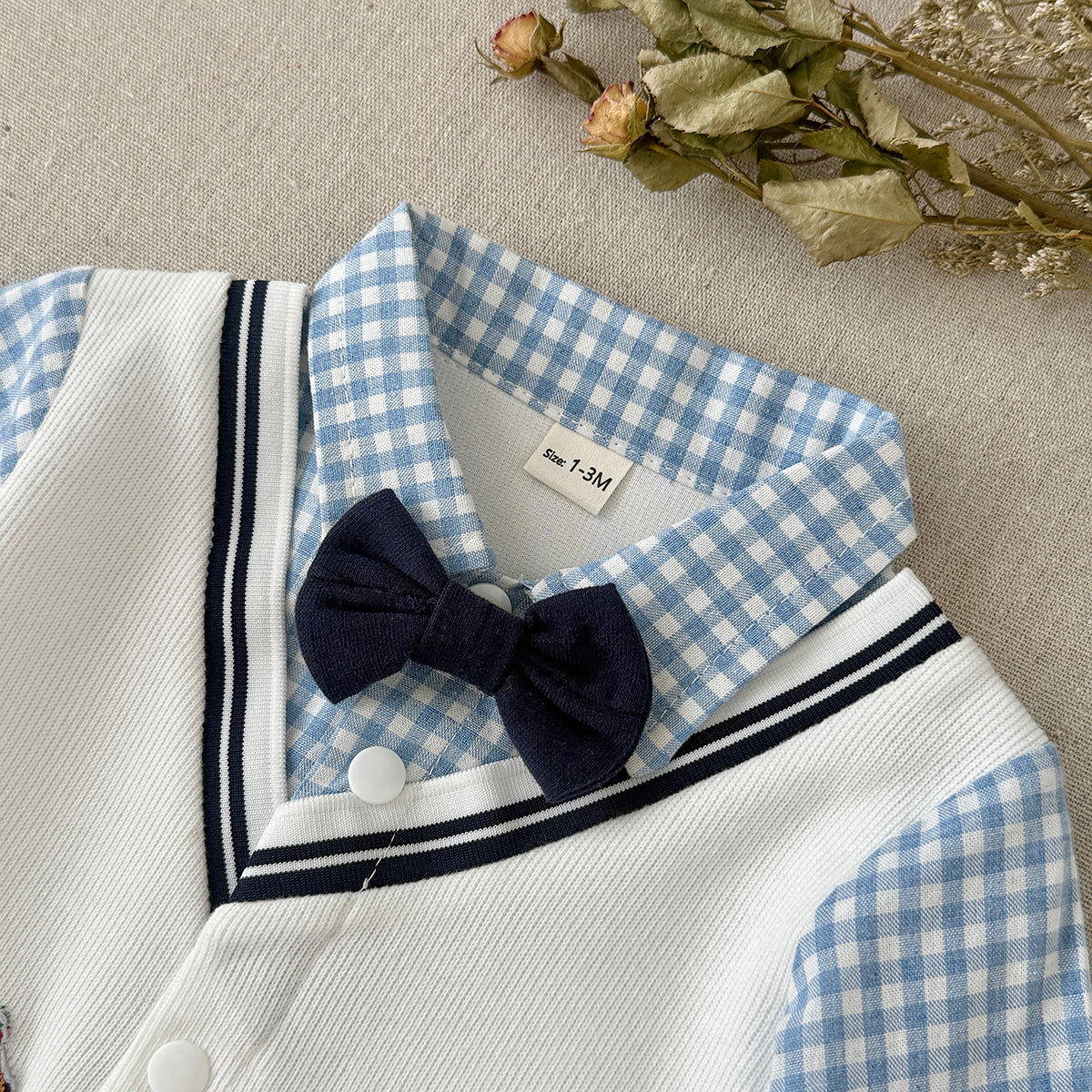Baby Boy Dachshund Embroidery Plaid Collar Bow Tie Romper