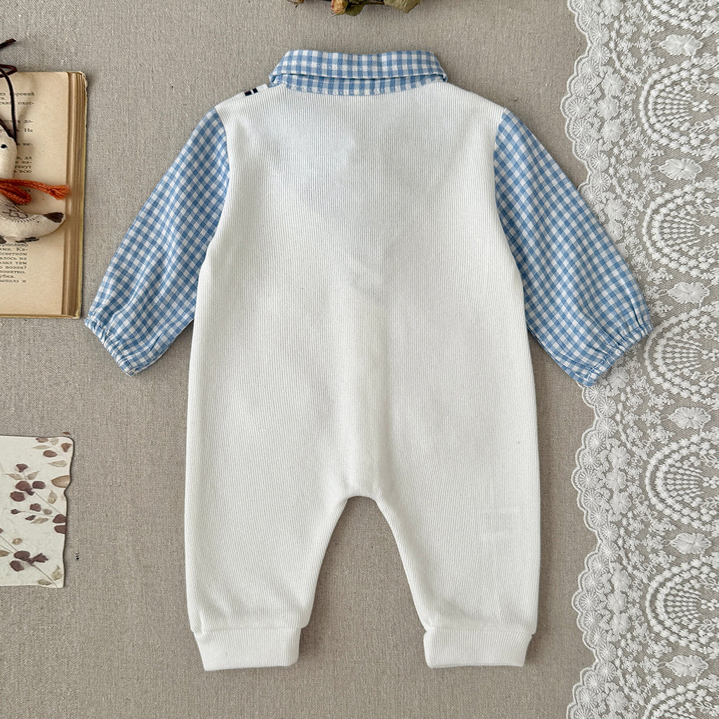 Baby Boy Dachshund Embroidery Plaid Collar Bow Tie Romper