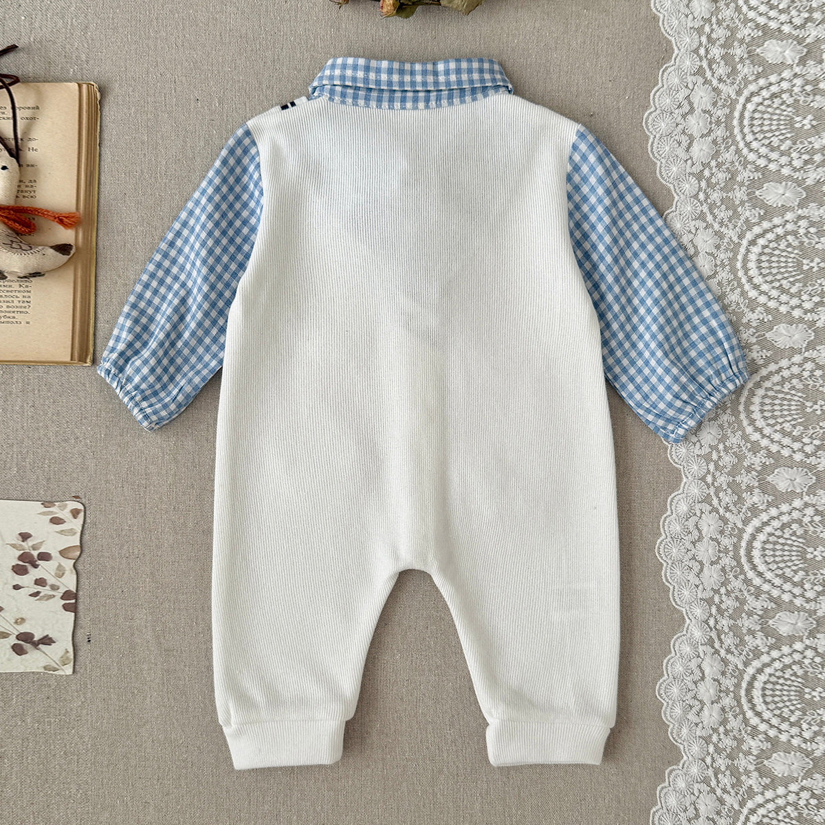 Baby Boy Dachshund Embroidery Plaid Collar Bow Tie Romper