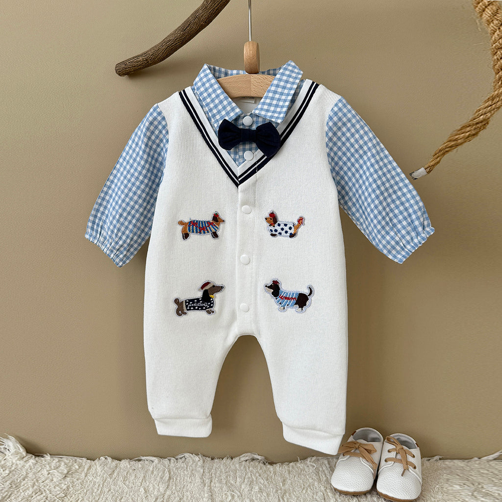 Baby Boy Dachshund Embroidery Plaid Collar Bow Tie Romper