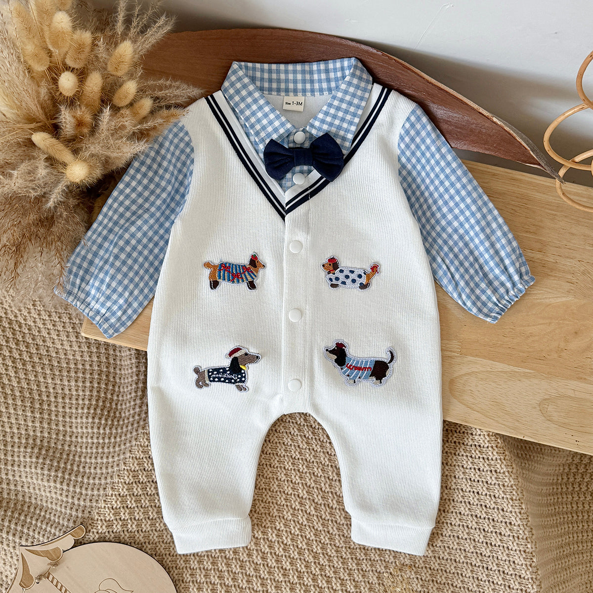 Baby Boy Dachshund Embroidery Plaid Collar Bow Tie Romper