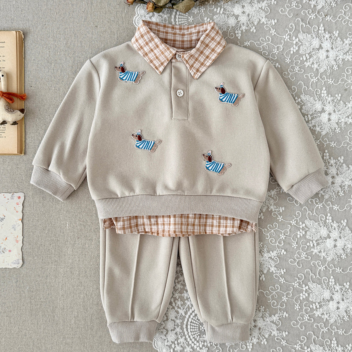 Baby Dog Embroidery Fake Two Piece Sweatshirt & Pants Set