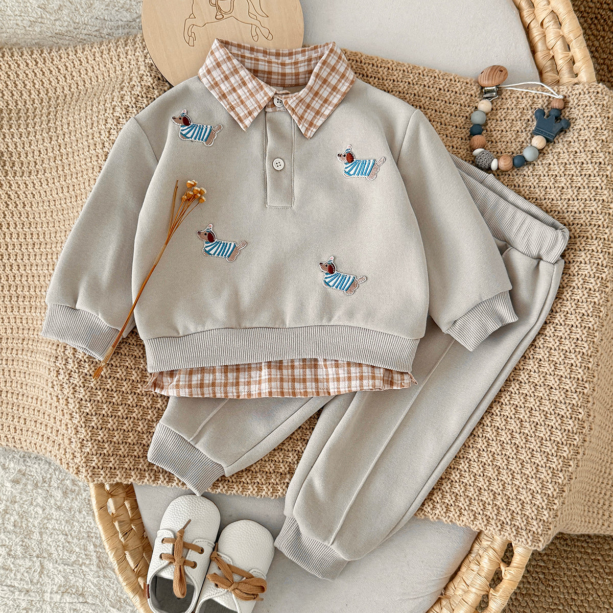 Baby Dog Embroidery Fake Two Piece Sweatshirt & Pants Set