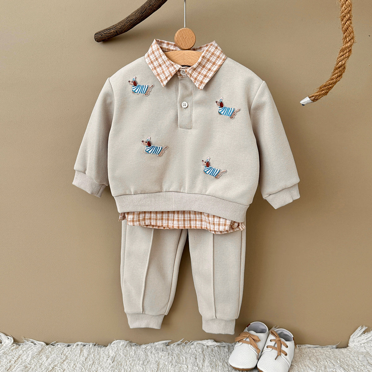 Baby Dog Embroidery Fake Two Piece Sweatshirt & Pants Set