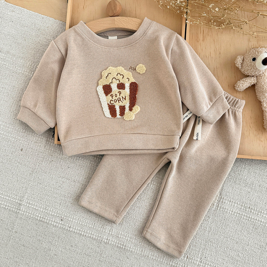 Popcorn Towel Embroidery Casual Set for Spring Autumn