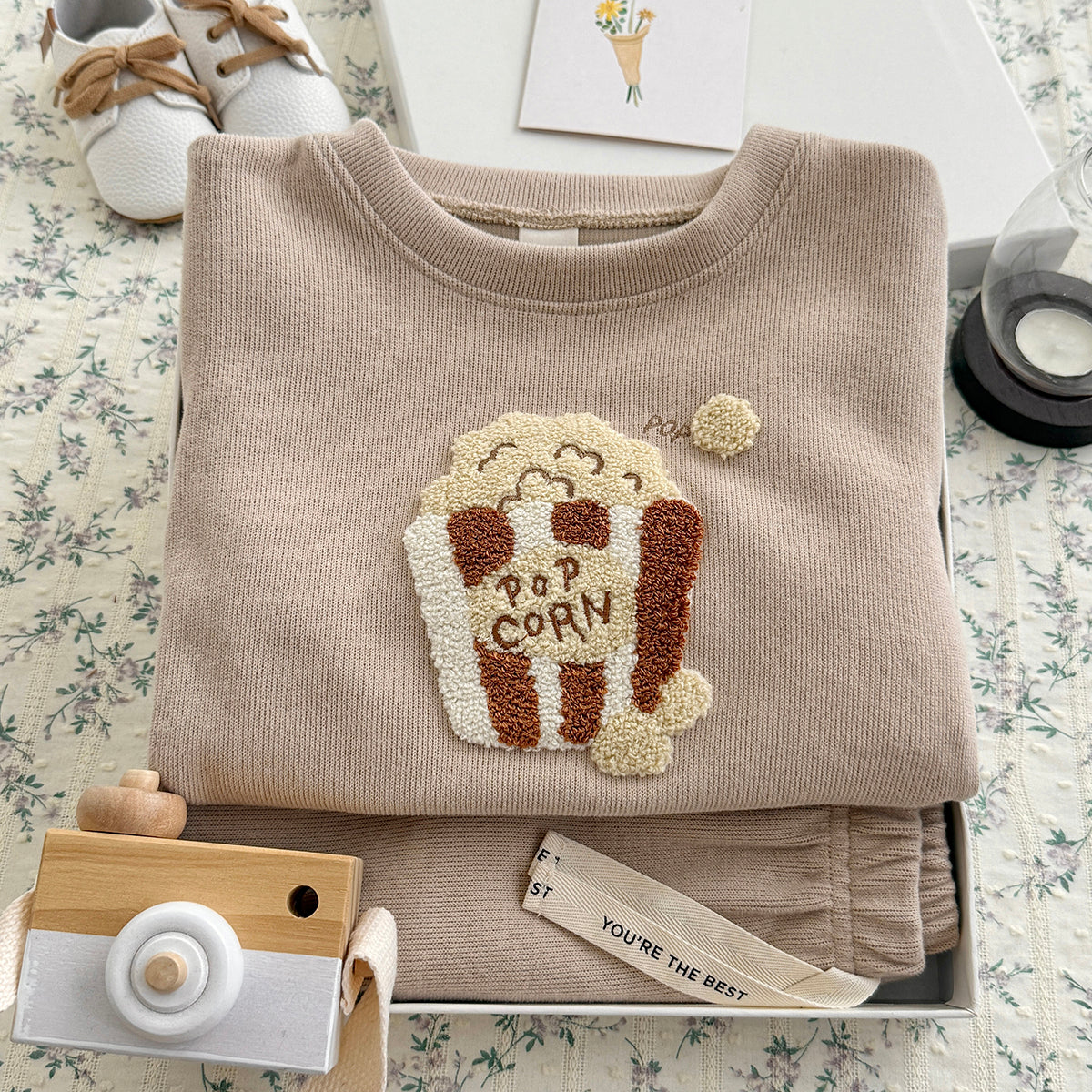 Popcorn Towel Embroidery Casual Set for Spring Autumn