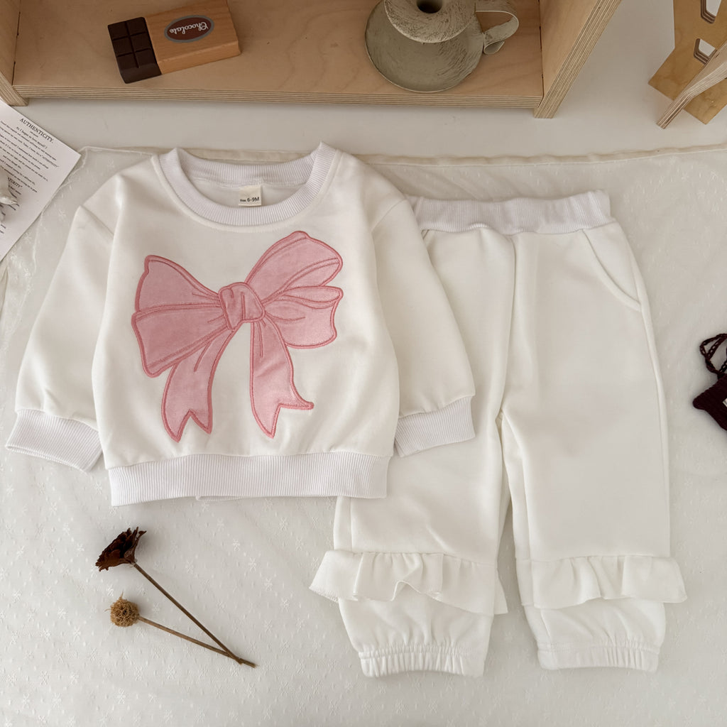 Toddler Girl Bow Embroidered Sweatshirt & Ruffle Pants 2 Piece Set