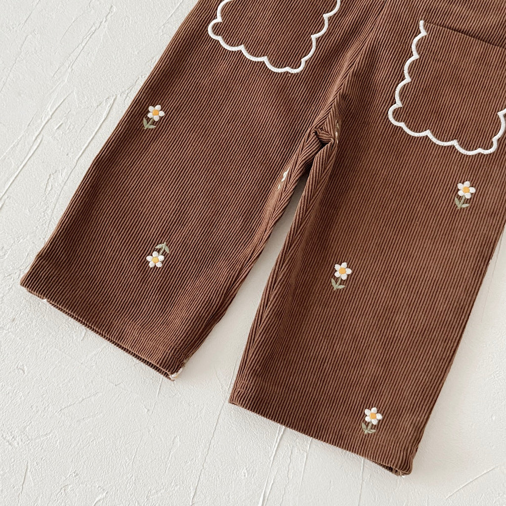 Baby girl brown flower embroidered corduroy overalls 0-3 years old