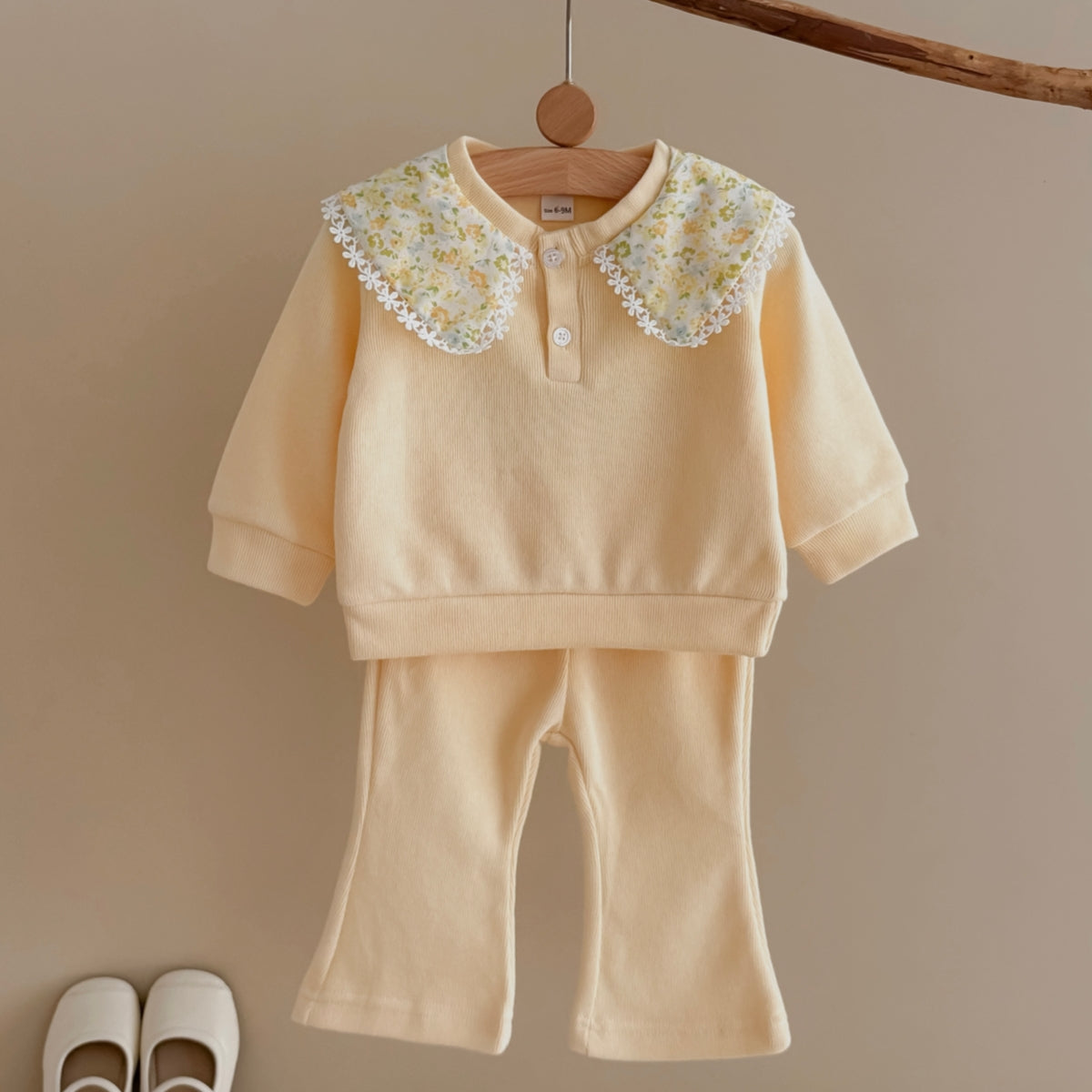 Small Floral Print Neckline Set for Baby Girls, Spring Autumn