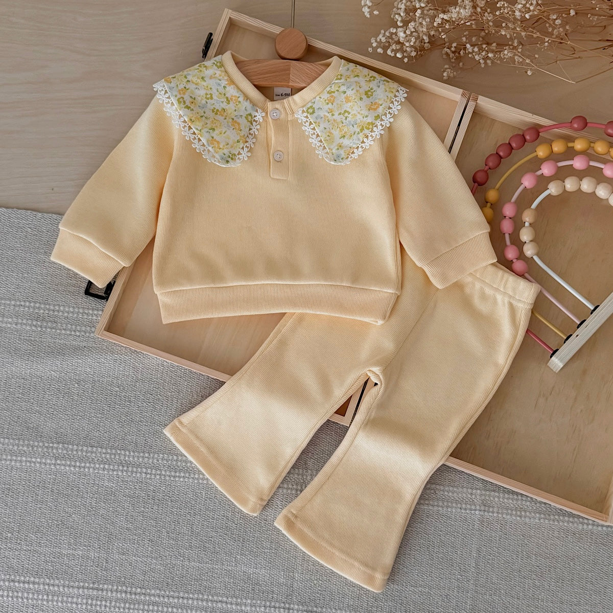 Small Floral Print Neckline Set for Baby Girls, Spring Autumn