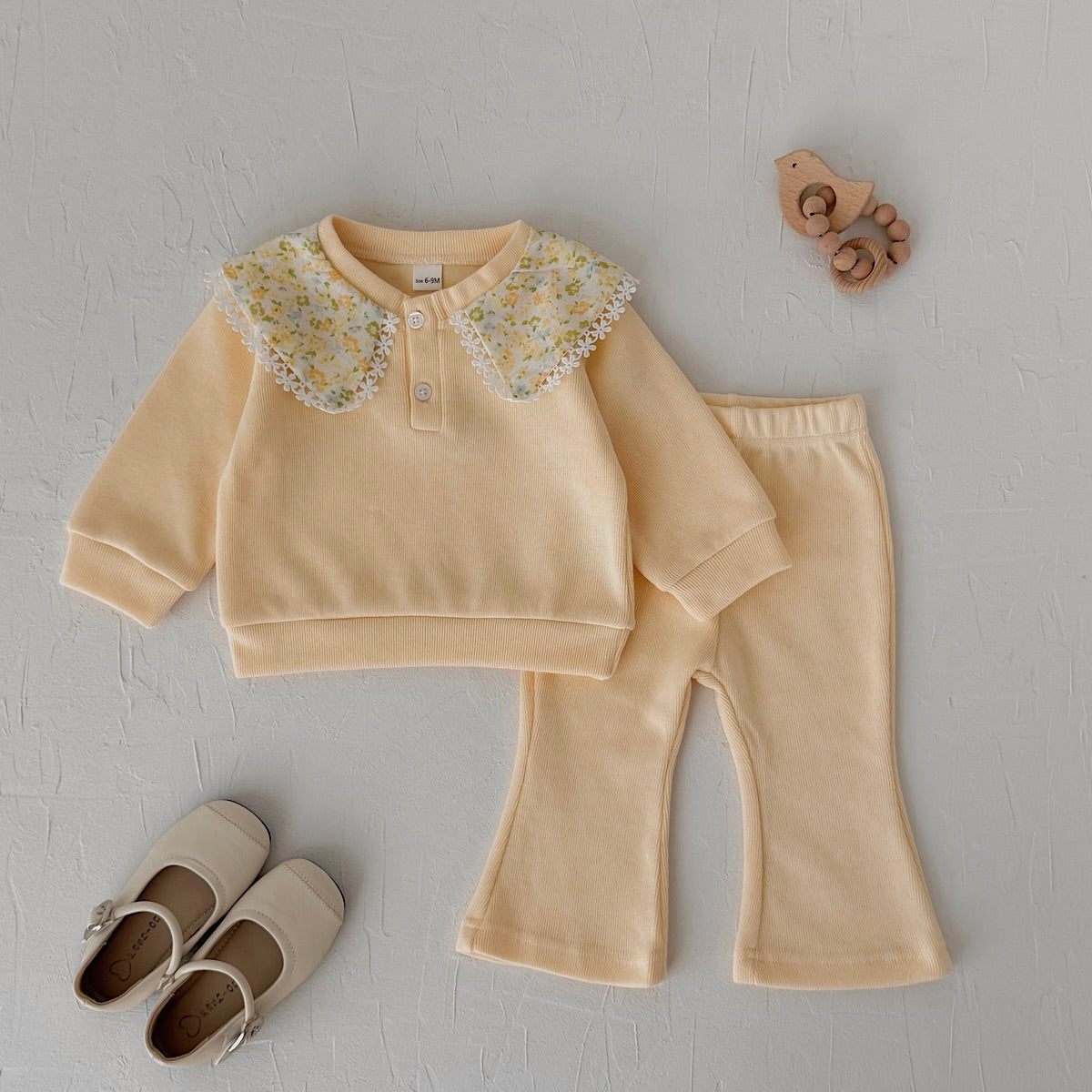 Small Floral Print Neckline Set for Baby Girls, Spring Autumn