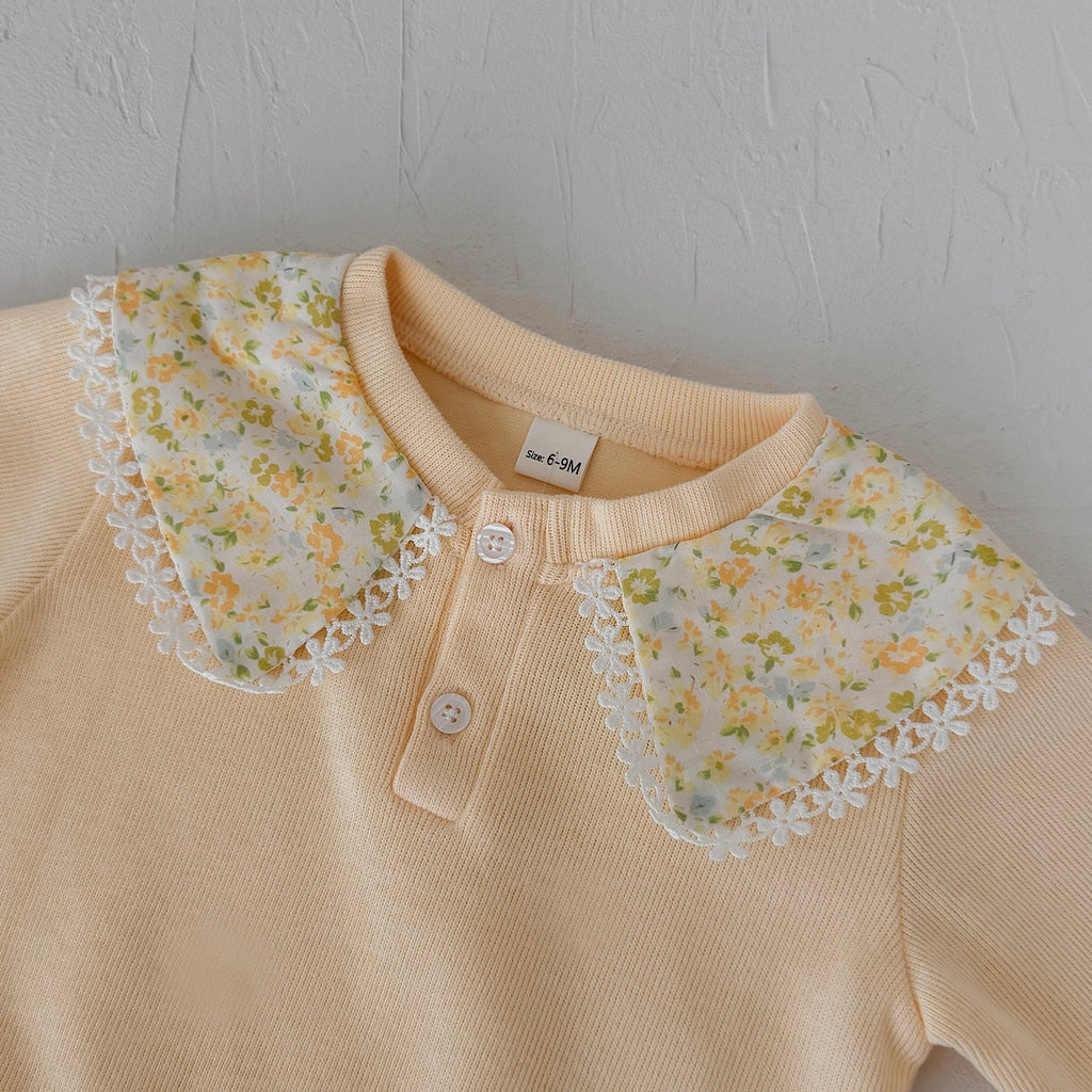 Small Floral Print Neckline Set for Baby Girls, Spring Autumn
