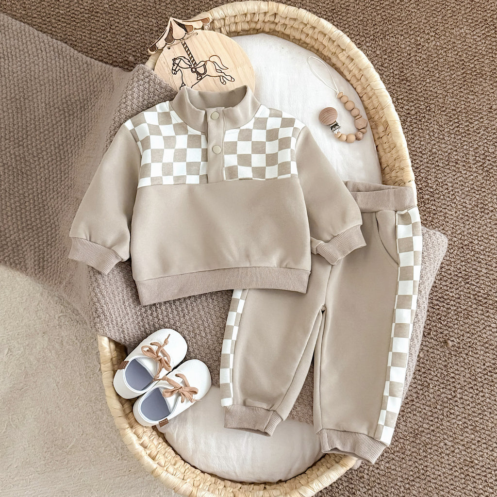 Stand Collar Plaid Printed Sweatshirt Set for Baby Boys, Spring Autumn