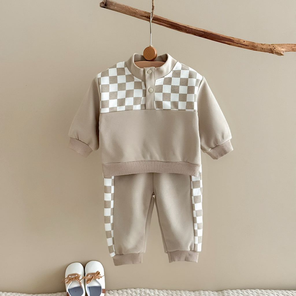 Stand Collar Plaid Printed Sweatshirt Set for Baby Boys, Spring Autumn