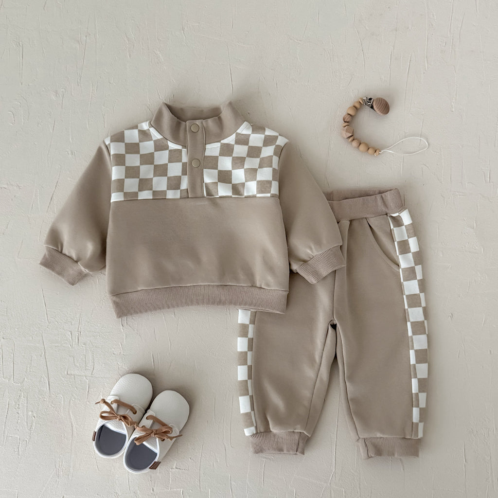 Stand Collar Plaid Printed Sweatshirt Set for Baby Boys, Spring Autumn